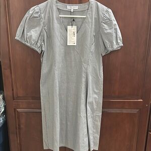 Black & White Pinstriped Puff Sleeve Dress